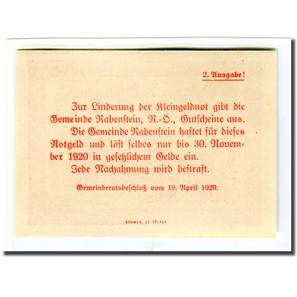 Biljet, Oostenrijk, Rabenstein, 50 Heller, Texte 2, 1920, 1920-04-19, SPL