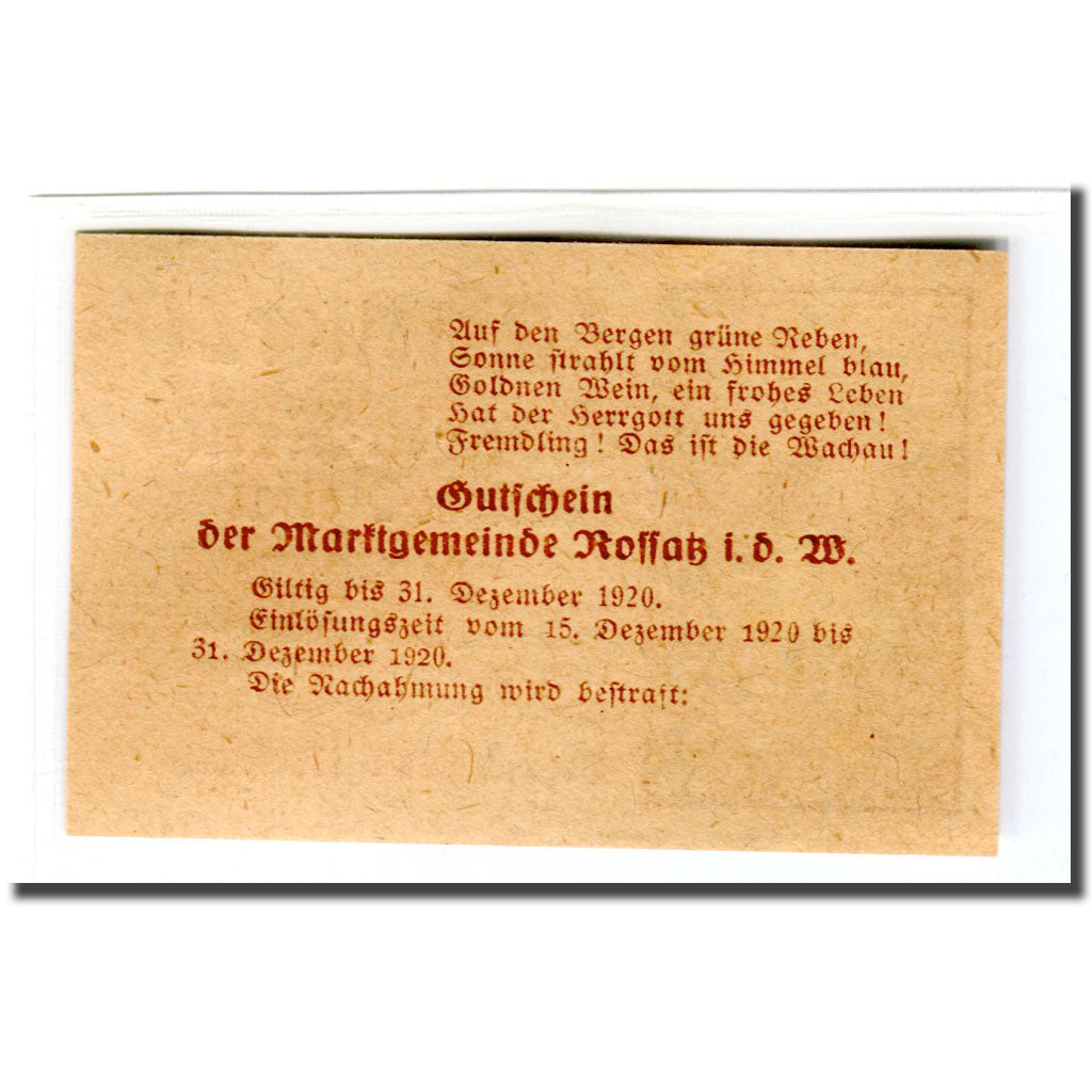 Billete, Austria, Rossatz, 20 Heller, Texte 2, 1920, SC, Mehl:848a