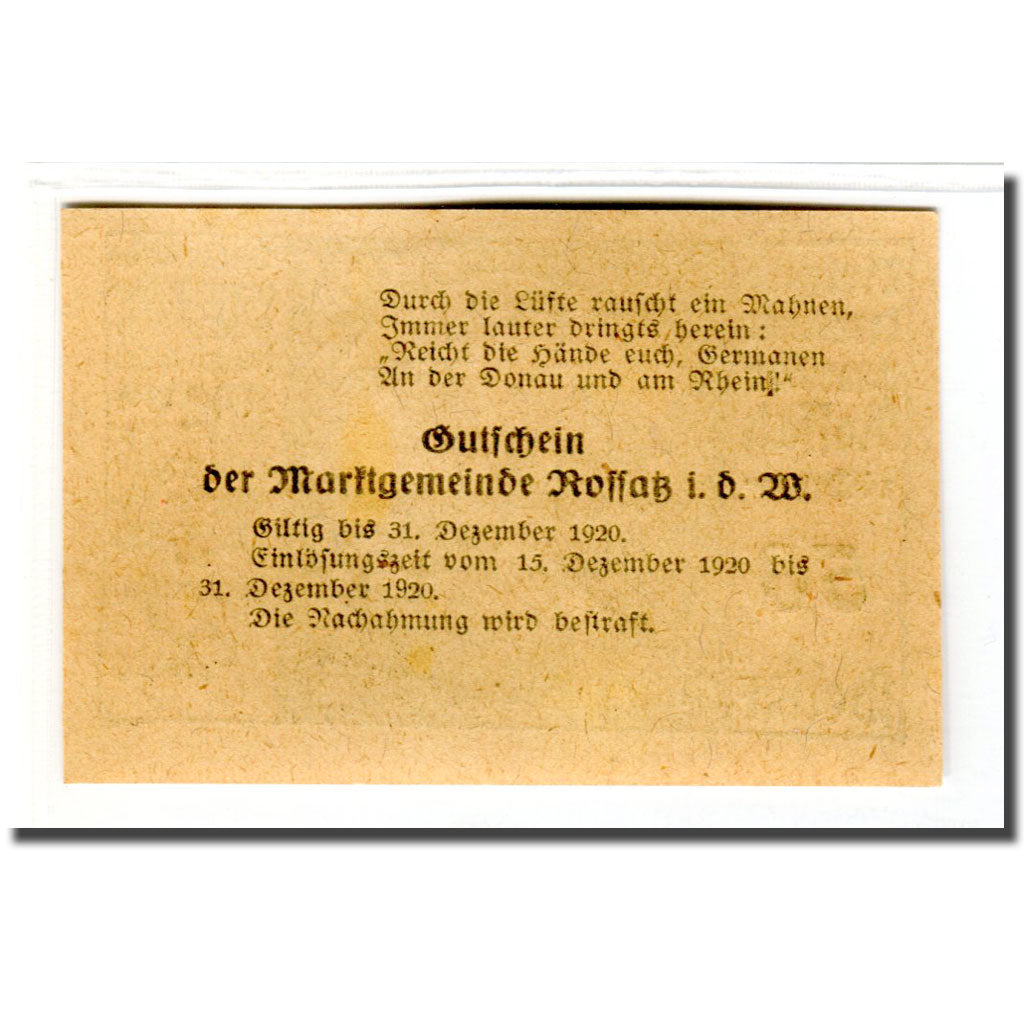 Billet, Autriche, Rossatz, 50 Heller, Texte 4, 1920, SPL, Mehl:848a