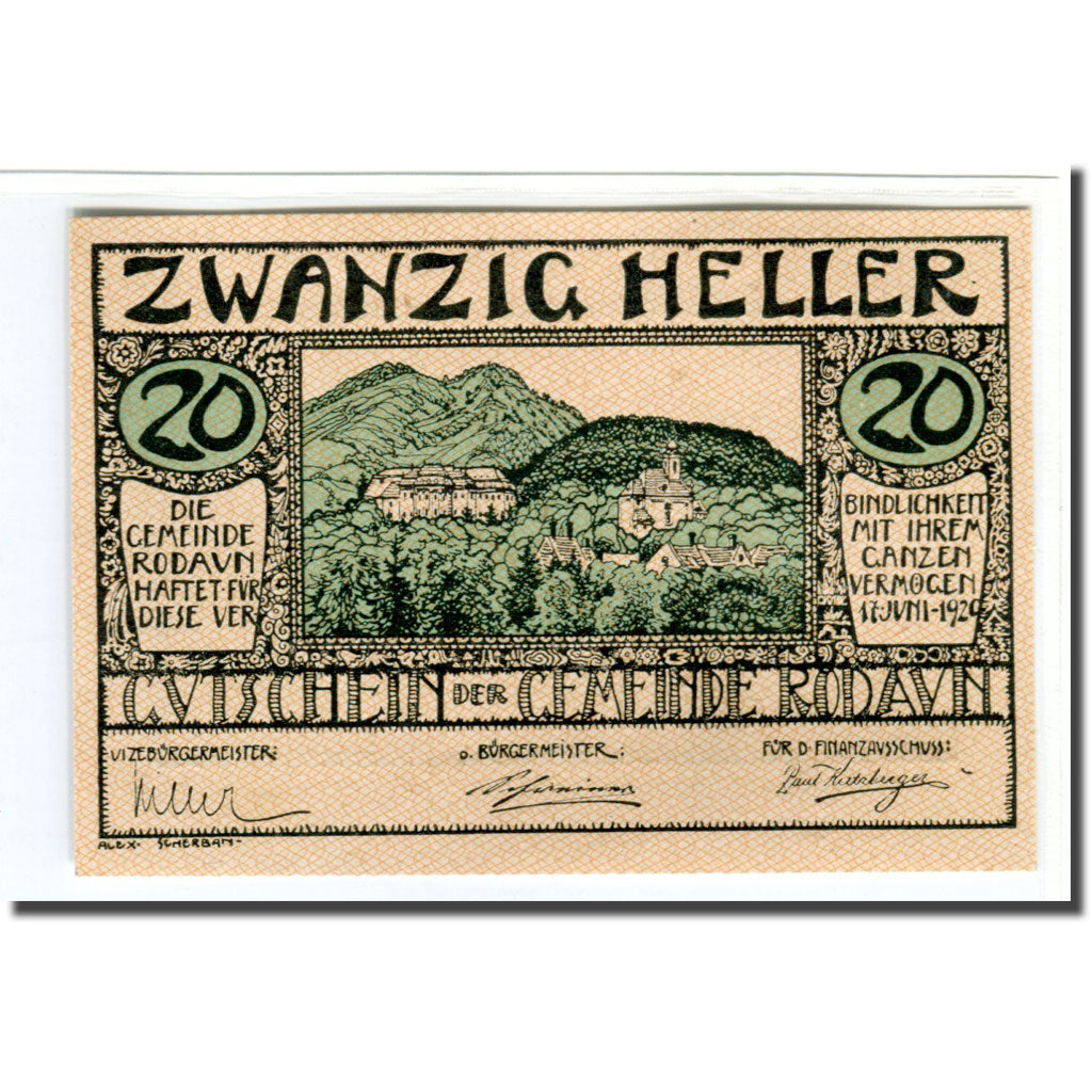 Billete, Austria, Rodaun N.Ö. Gemeinde, 20 Heller, texte 1, 1920, 1920-06-17