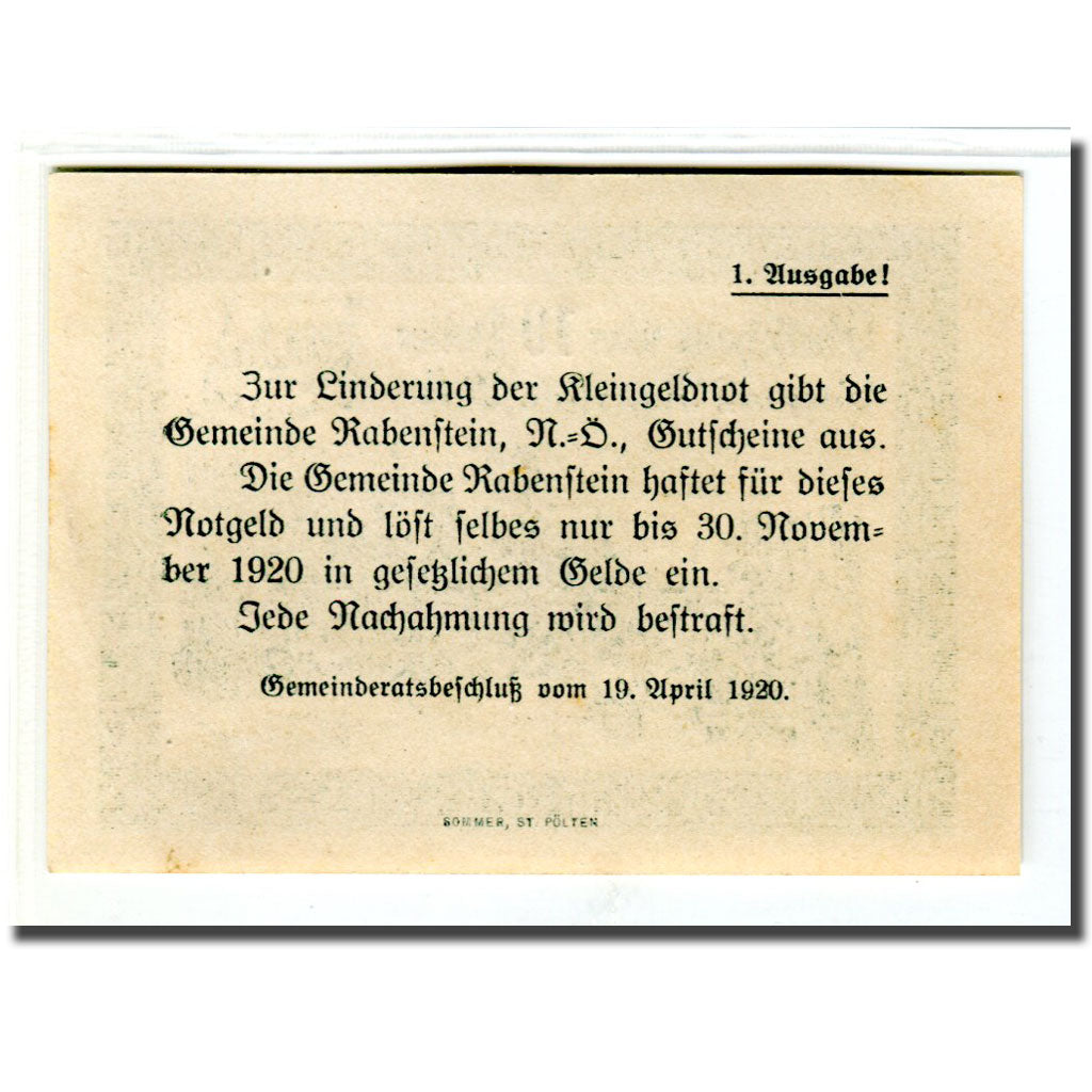 Banknot, Austria, Rabensburg, 10 Heller, Texte, 1920, Undated, UNC(63)