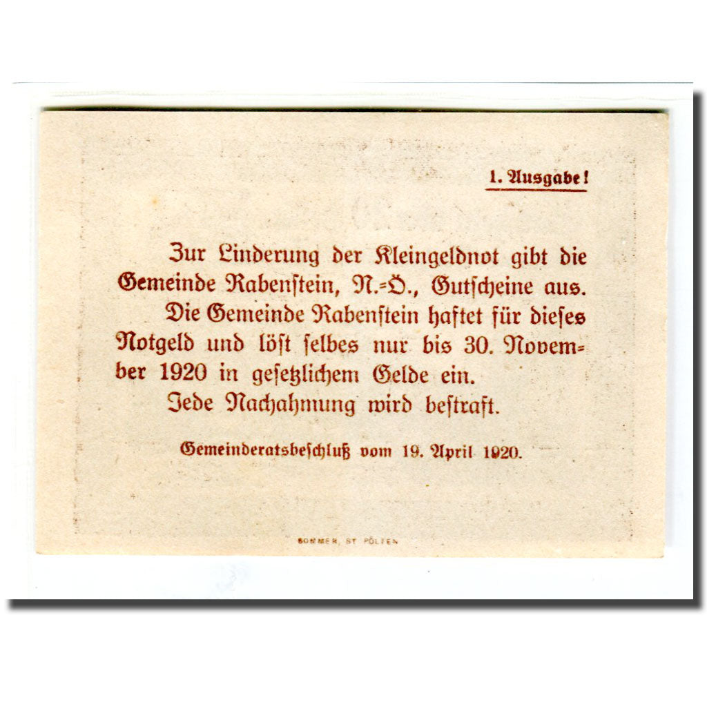 Banconote, Austria, Rabensburg, 20 Heller, texte 1, 1920, SPL, Mehl:808Ia