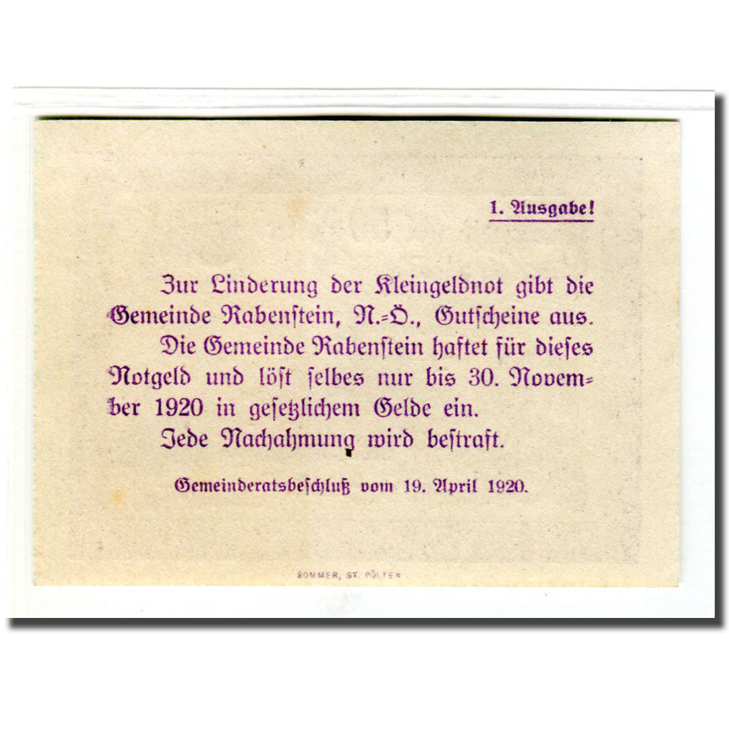 Geldschein, Österreich, Rabensburg, 50 Heller, Texte 2, 1920, UNZ-, Mehl:808Ia