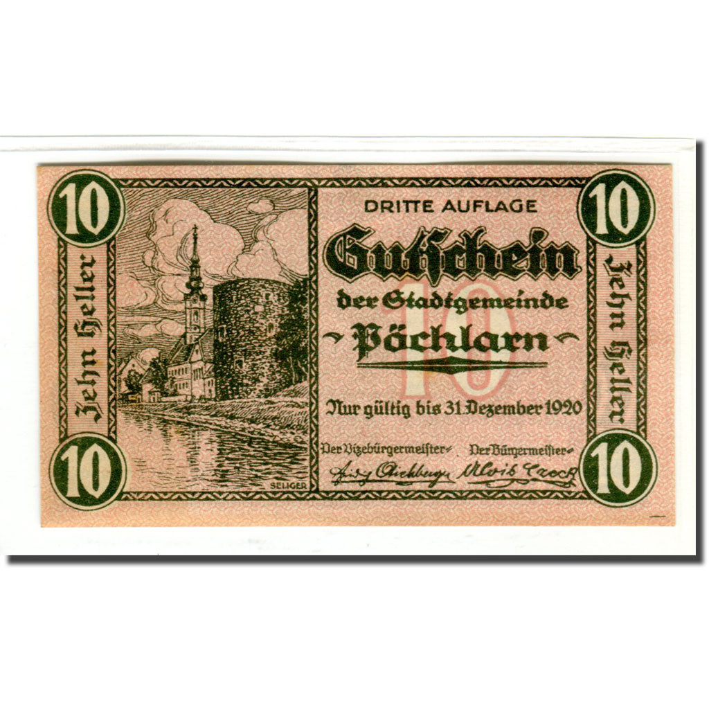 Banknote, Austria, Pochlarn, 10 Heller, paysage, 1920, UNC(63), Mehl:755III