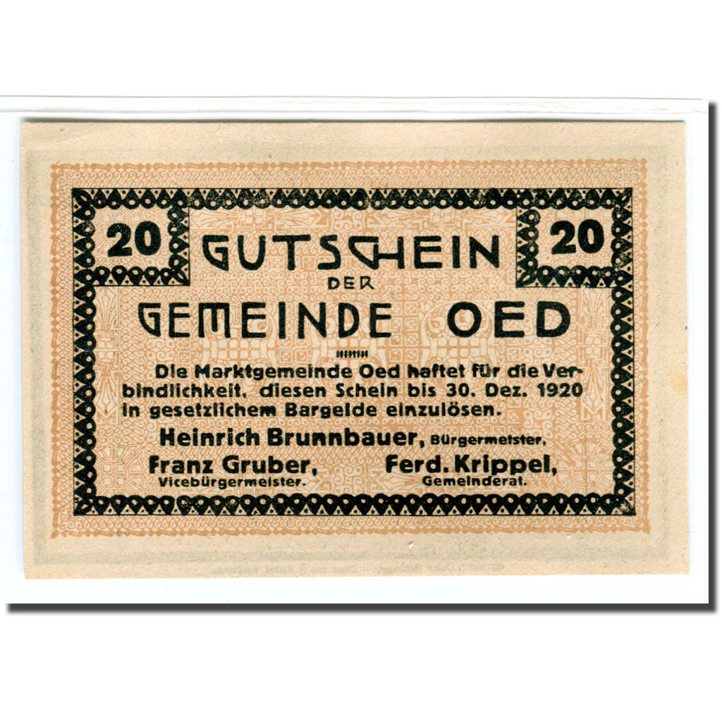 Billet, Autriche, Oed, 20 Heller, personnage 1, 1920, SPL, Mehl:703a