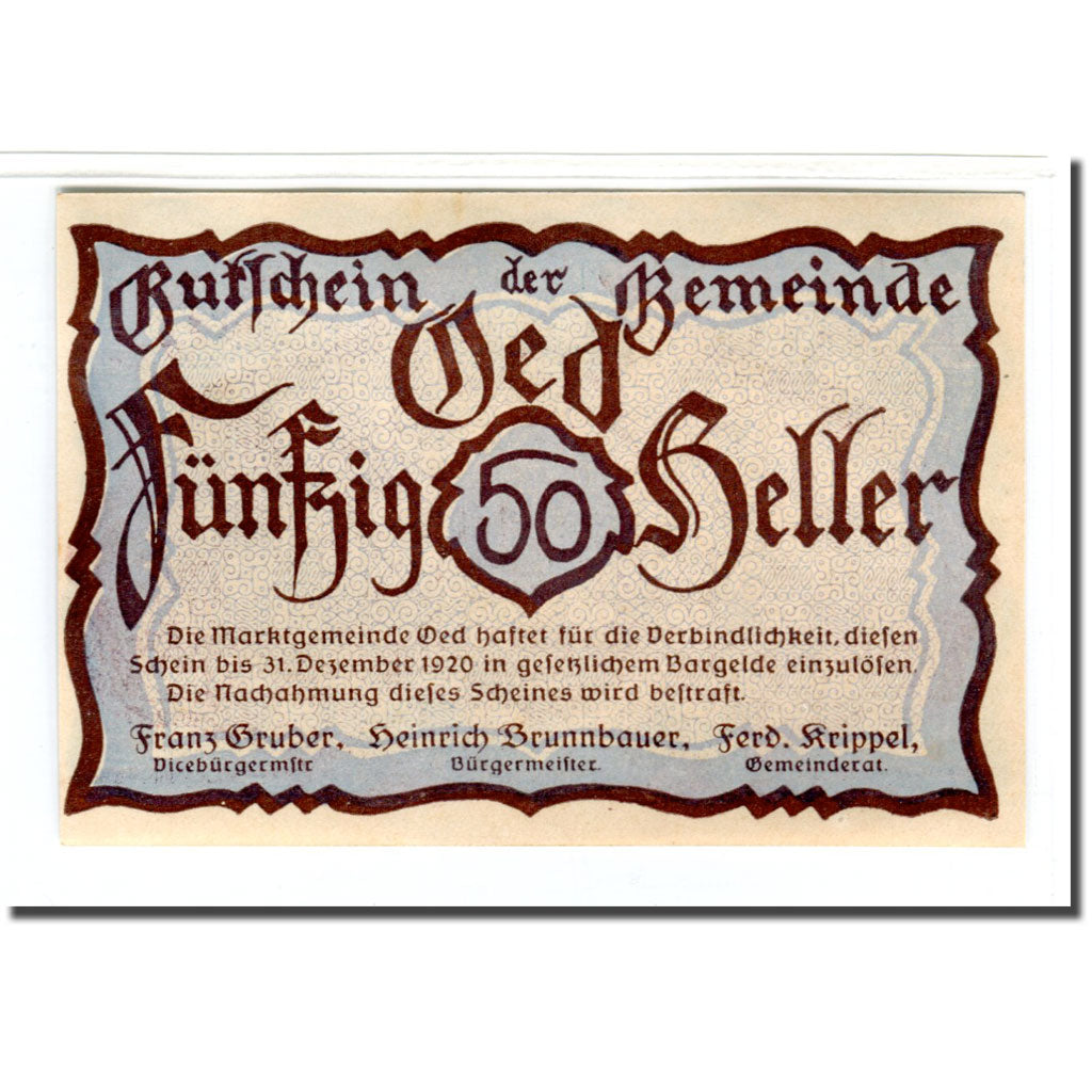 Banknot, Austria, Oed, 50 Heller, personnage 2, 1920, Undated, UNC(63)