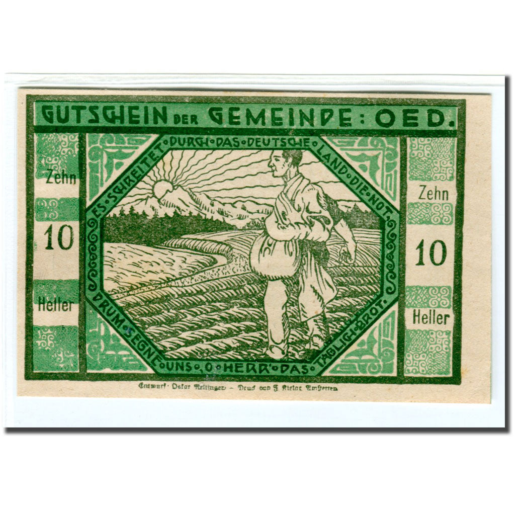 Banconote, Austria, Oed, 10 Heller, personnage, 1920, SPL, Mehl:703e