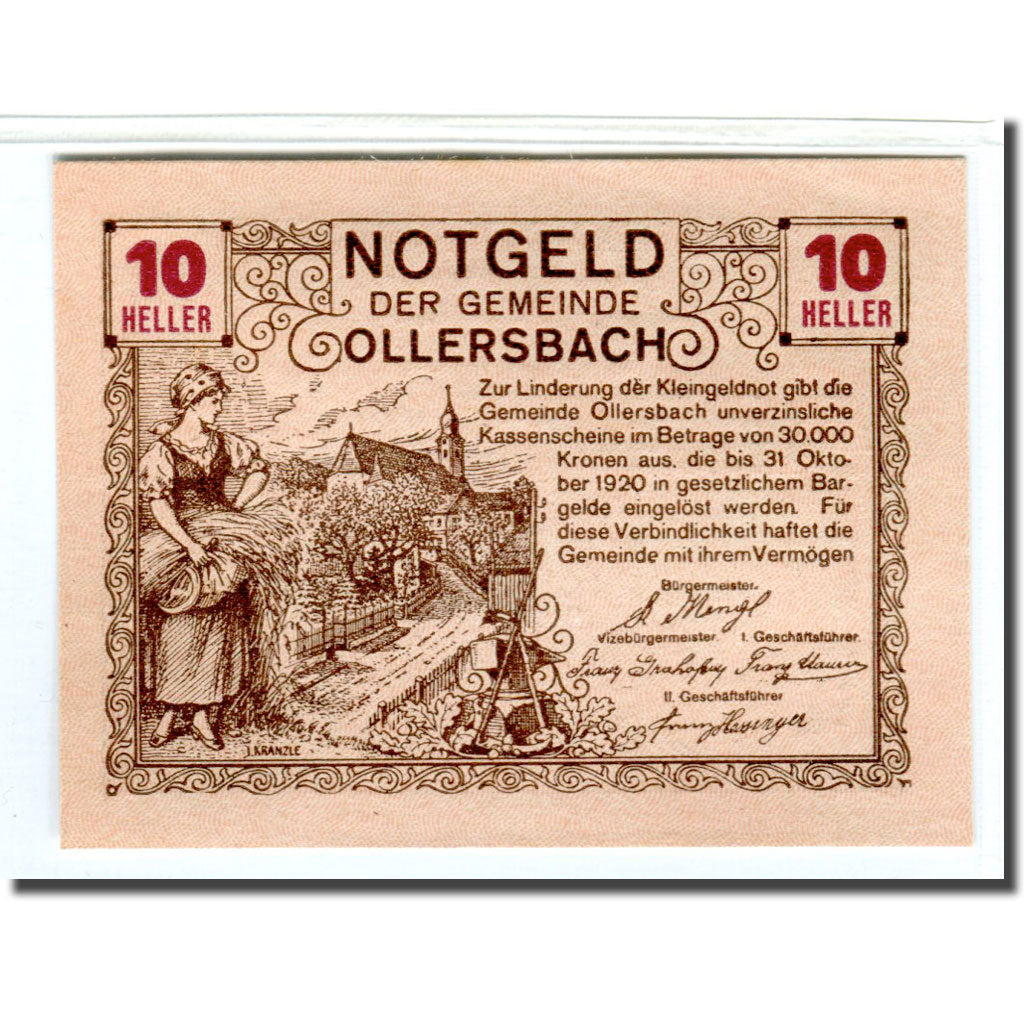 Banknote, Austria, Ollersbach, 10 Heller, personnage, 1920, UNC(63), Mehl:709a