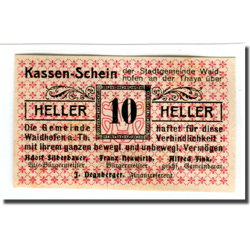 Banconote, Austria, Waidhofen an der Thaya, 10 Heller, Texte, 1920, 1920-01-01