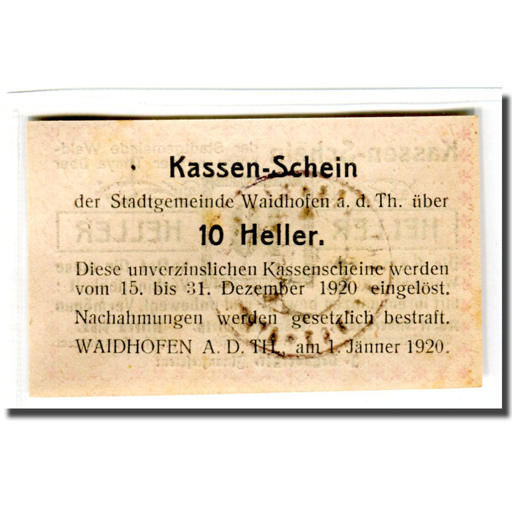Banconote, Austria, Waidhofen an der Thaya, 10 Heller, Texte, 1920, 1920-01-01