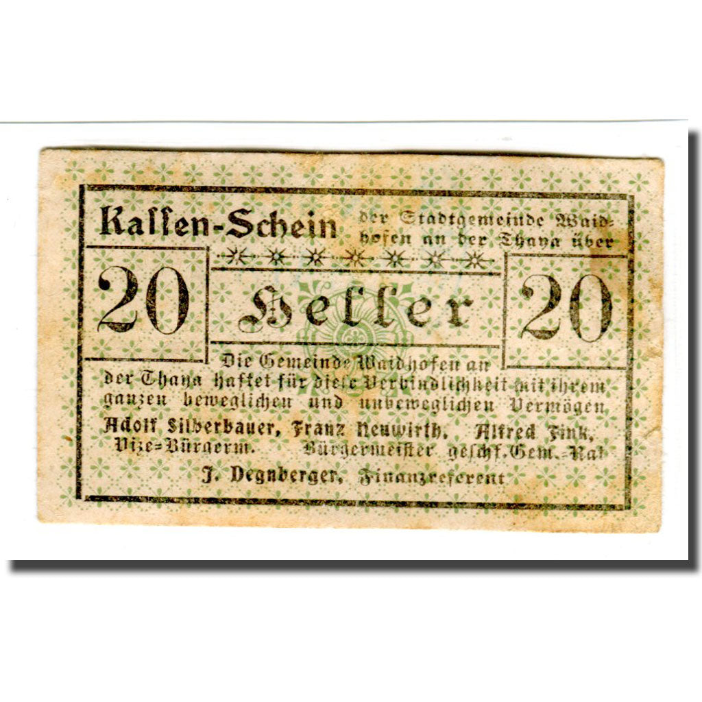 Banconote, Austria, Waidhofen an der Thaya, 20 Heller, texte 1, 1920