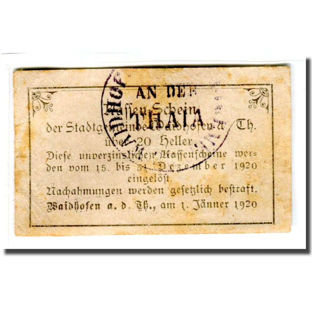Banconote, Austria, Waidhofen an der Thaya, 20 Heller, texte 1, 1920