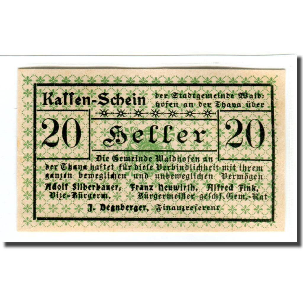Billete, Austria, Waidhofen an der Thaya, 20 Heller, Texte 2, 1920, 1920-01-01