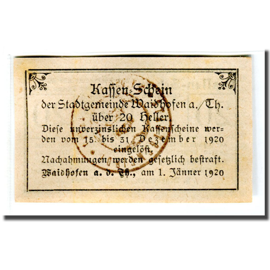 Billete, Austria, Waidhofen an der Thaya, 20 Heller, Texte 2, 1920, 1920-01-01