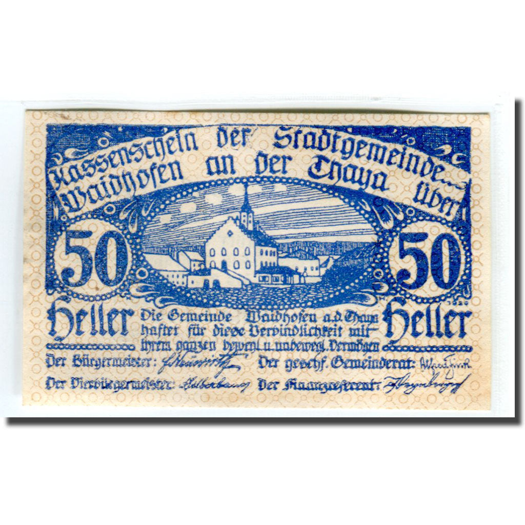Banconote, Austria, Waidhofen an der Thaya, 50 Heller, Texte 3, 1920