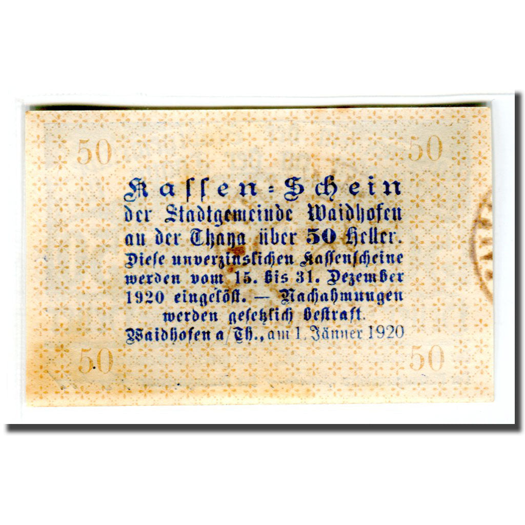 Banconote, Austria, Waidhofen an der Thaya, 50 Heller, Texte 3, 1920