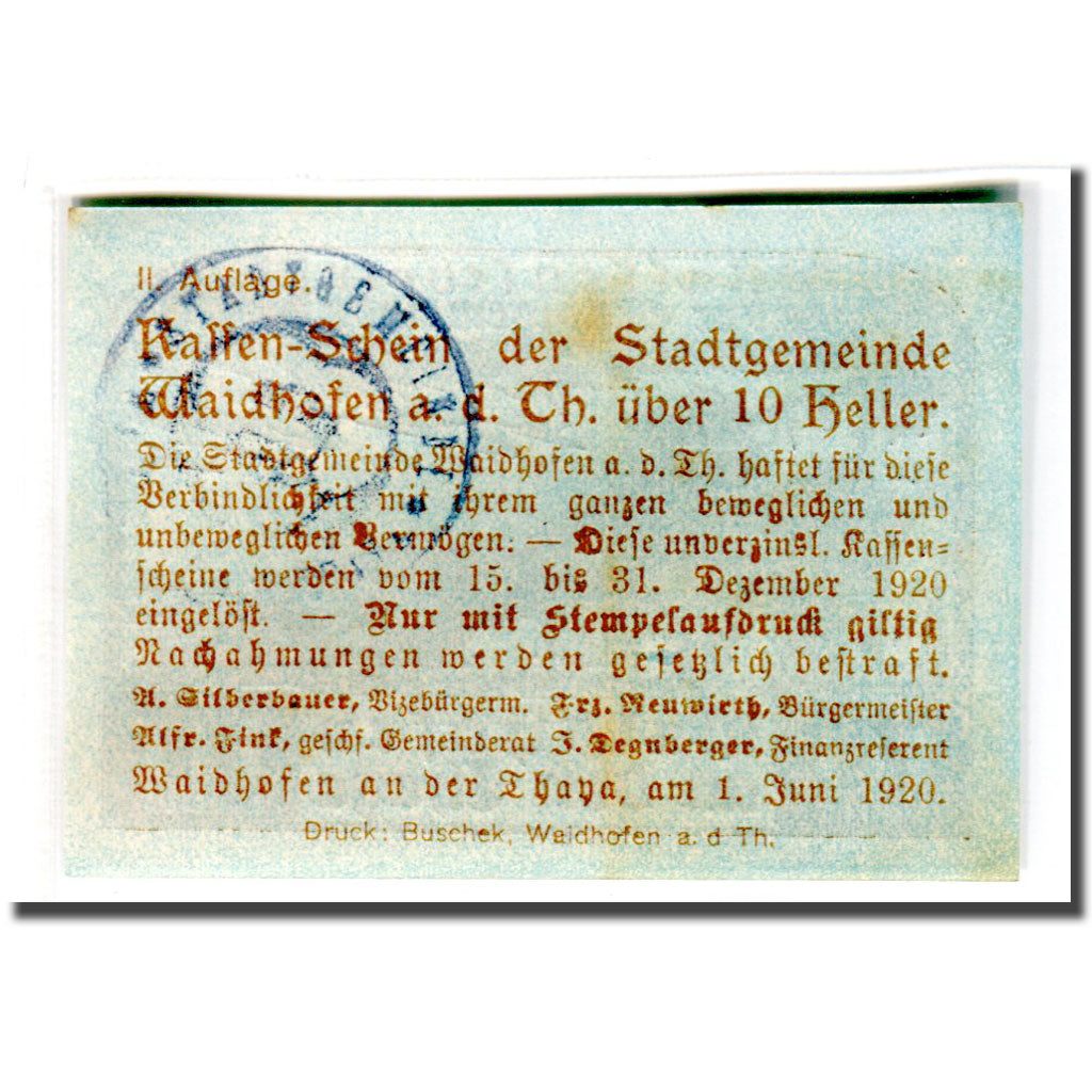 Billete, Austria, Waidhofen an der Thaya, 10 Heller, Texte, 1920, 1920-06-01