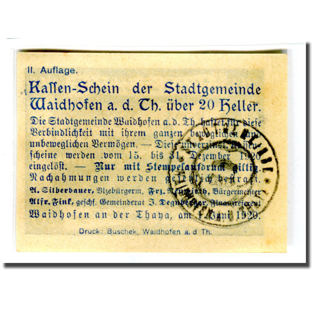 Banconote, Austria, Waidhofen an der Thaya, 20 Heller, texte 1, 1920