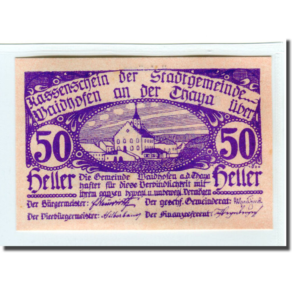 Banconote, Austria, Waidhofen an der Thaya, 50 Heller, Texte 2, 1920