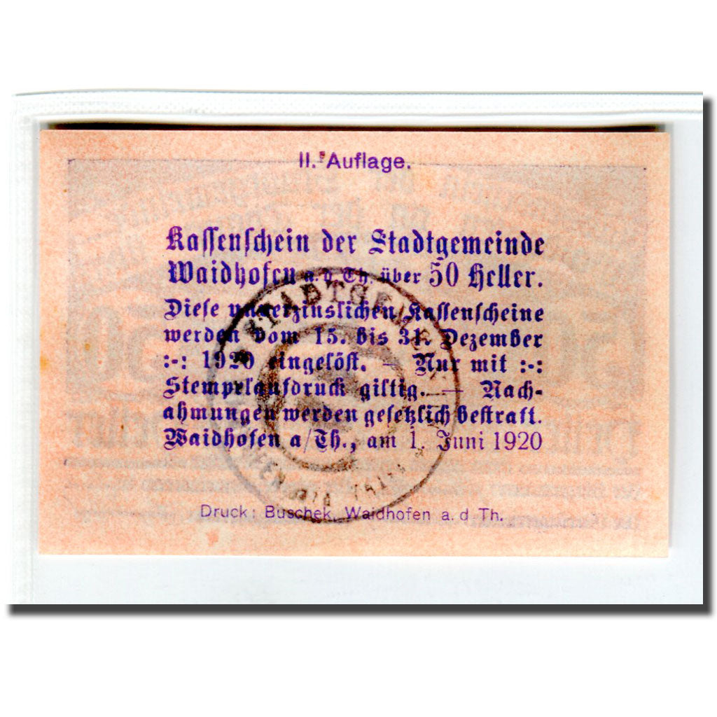 Banconote, Austria, Waidhofen an der Thaya, 50 Heller, Texte 2, 1920