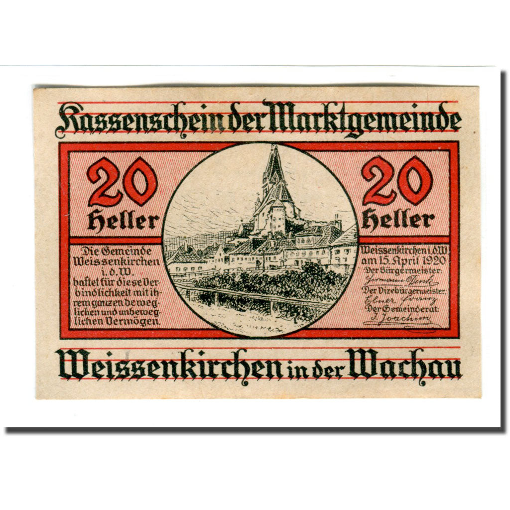 Banconote, Austria, Weissenkirchen in der Wachau N.Ö. Marktgemeinde, 20 Heller