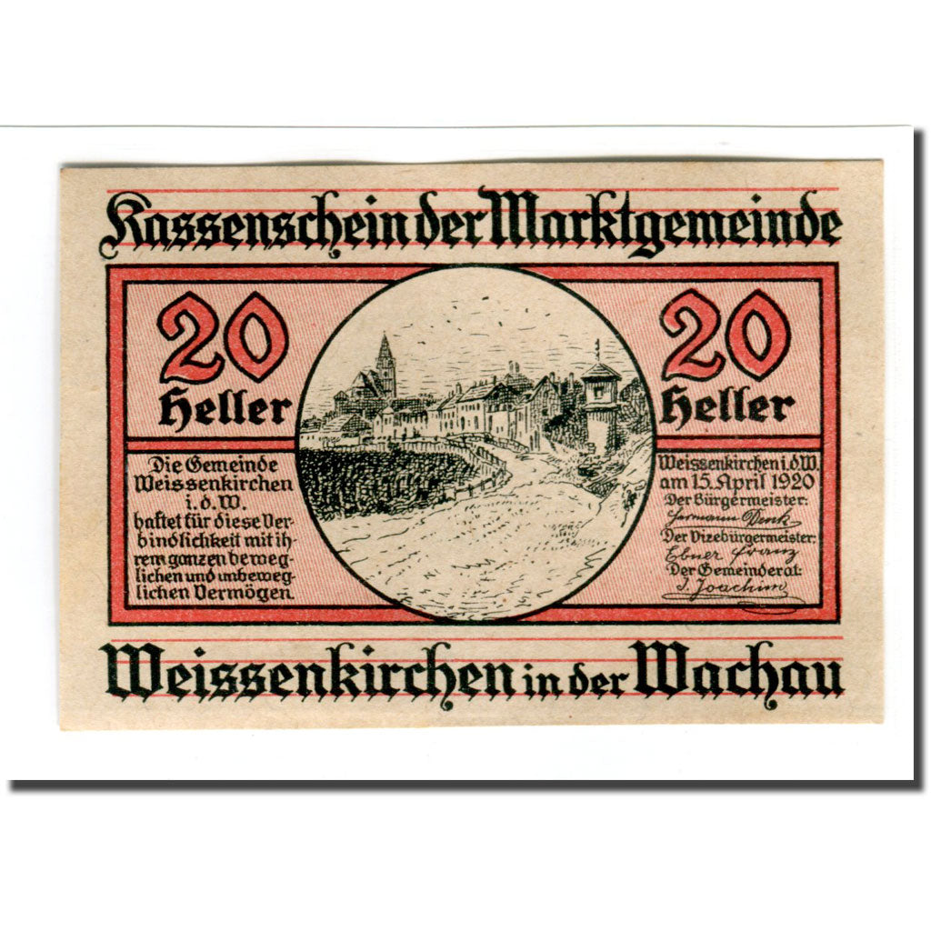 Banconote, Austria, Weissenkirchen in der Wachau N.Ö. Marktgemeinde, 20 Heller