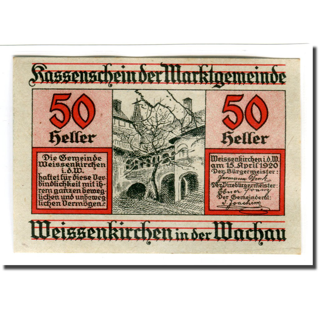 Banknote, Austria, Weissenkirchen in der Wachau N.Ö. Marktgemeinde, 50 Heller
