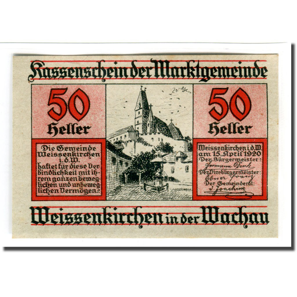 Billete, Austria, Weissenkirchen in der Wachau N.Ö. Marktgemeinde, 50 Heller