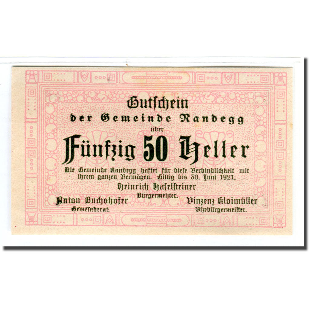 Banconote, Austria, Randegg N.Ö. Gemeinde, 50 Heller, Texte, 1921, SPL