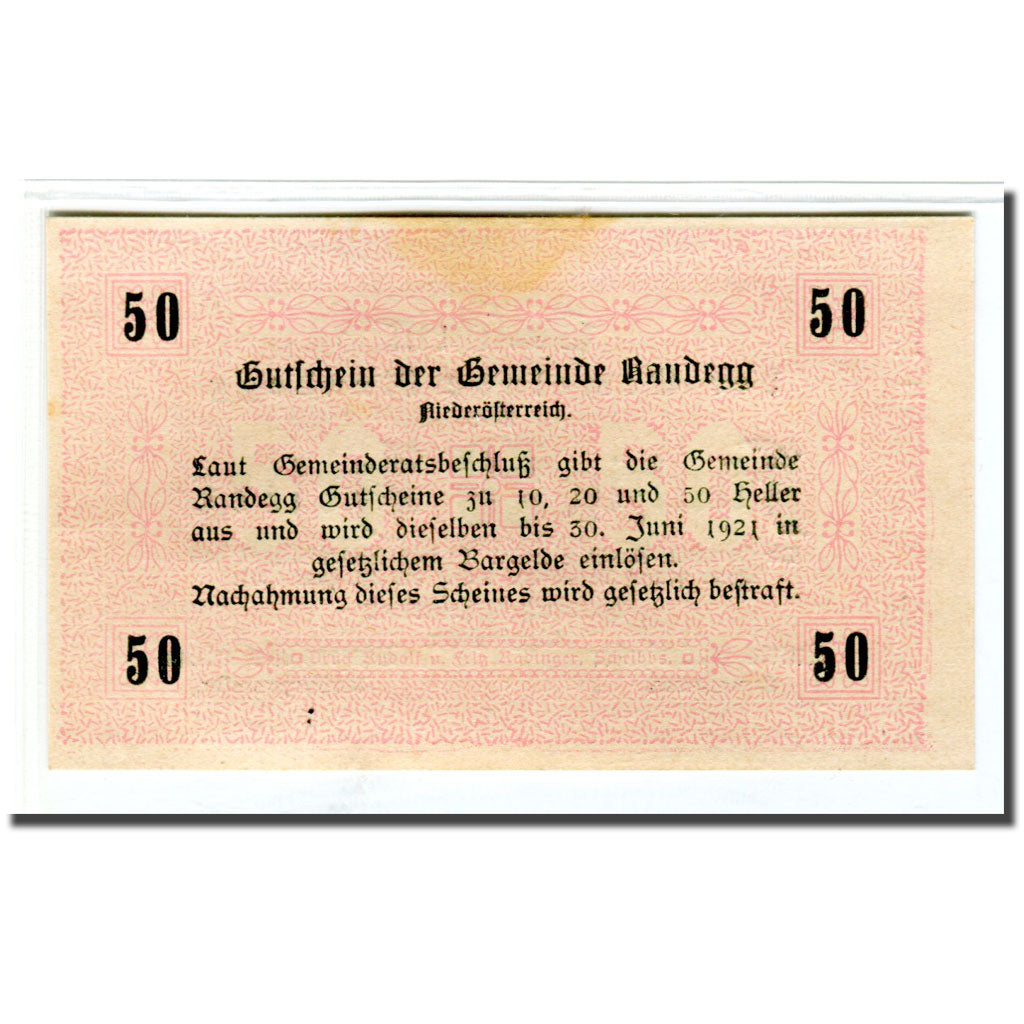 Banconote, Austria, Randegg N.Ö. Gemeinde, 50 Heller, Texte, 1921, SPL