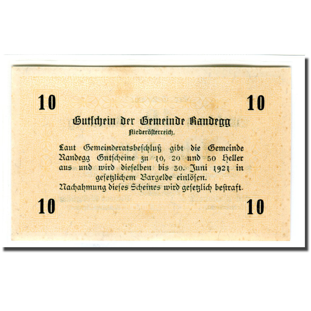 Biljet, Oostenrijk, Randegg N.Ö. Gemeinde, 10 Heller, texte 1, 1921, SPL