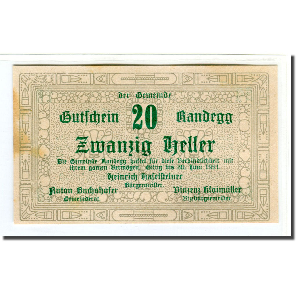 Billete, Austria, Randegg N.Ö. Gemeinde, 20 Heller, Texte 2, 1921, SC, Mehl:817