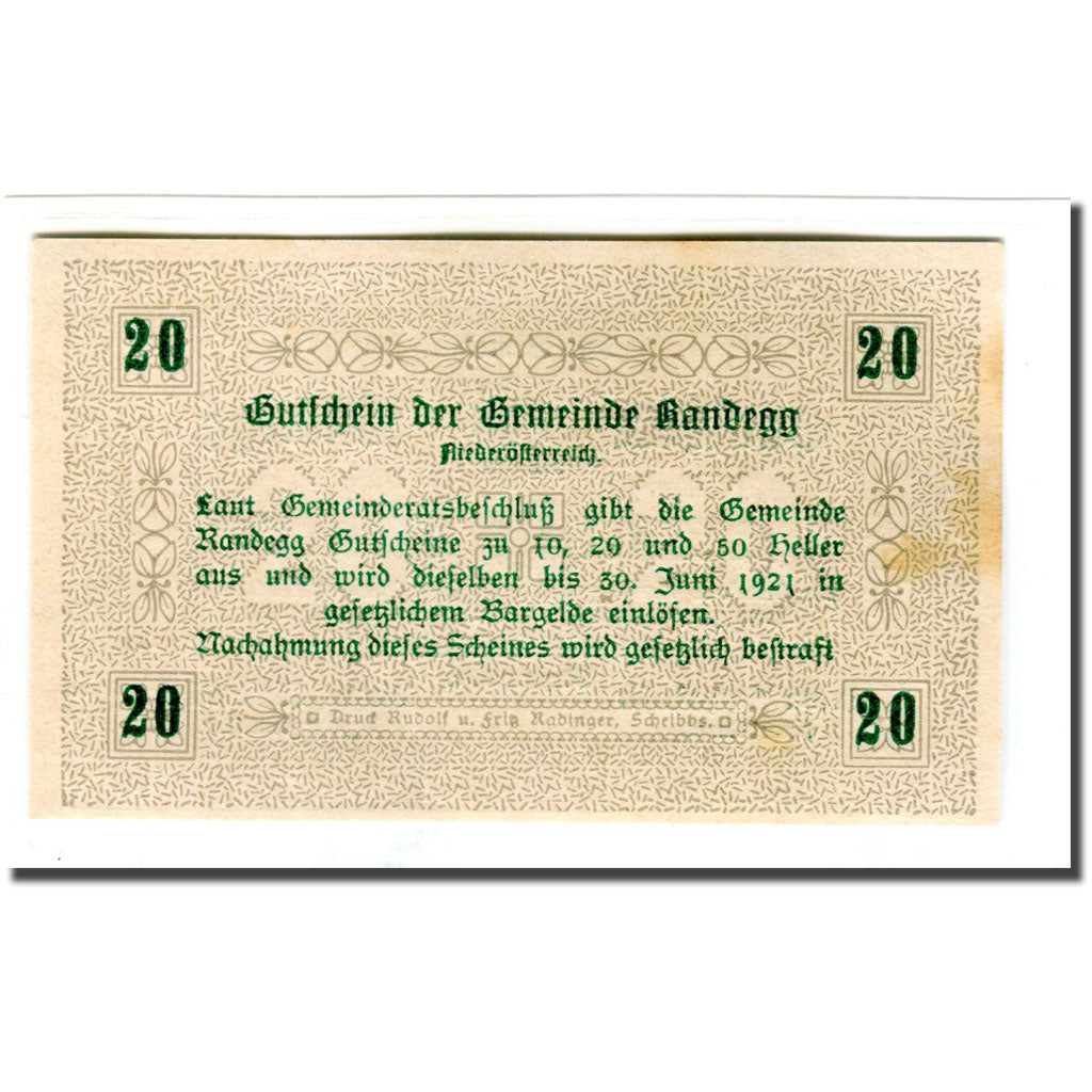 Billete, Austria, Randegg N.Ö. Gemeinde, 20 Heller, Texte 2, 1921, SC, Mehl:817