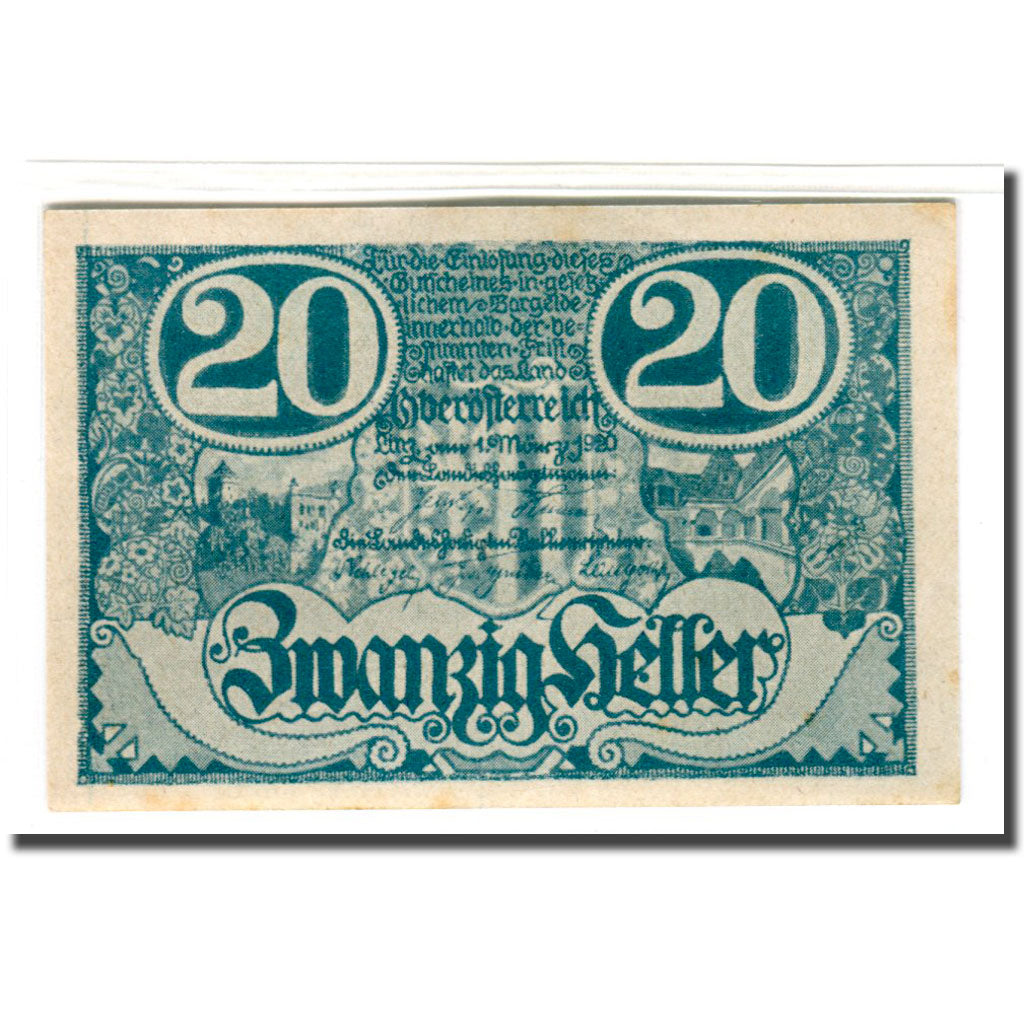 Banconote, Austria, Oberösterreich O.Ö. Land, 20 Heller, valeur faciale, 1920