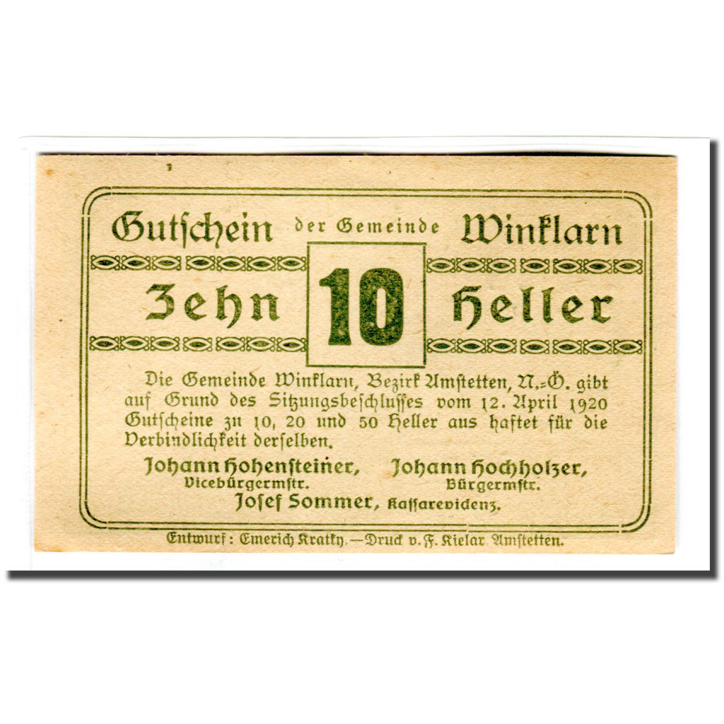 Banconote, Austria, Winklarn, 10 Heller, valeur faciale, 1920, 1920-04-12, SPL