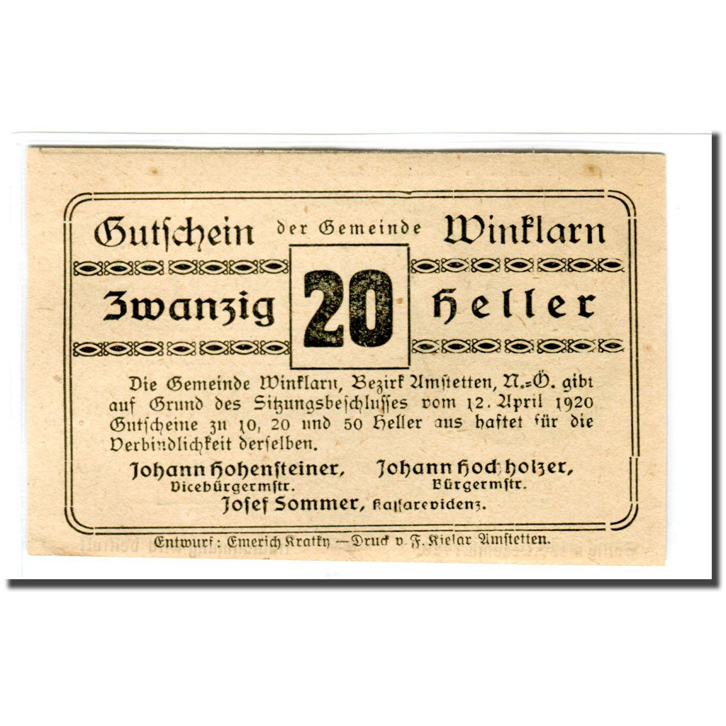 Banconote, Austria, Winklarn, 20 Heller, valeur faciale 1, 1920, 1920-04-12