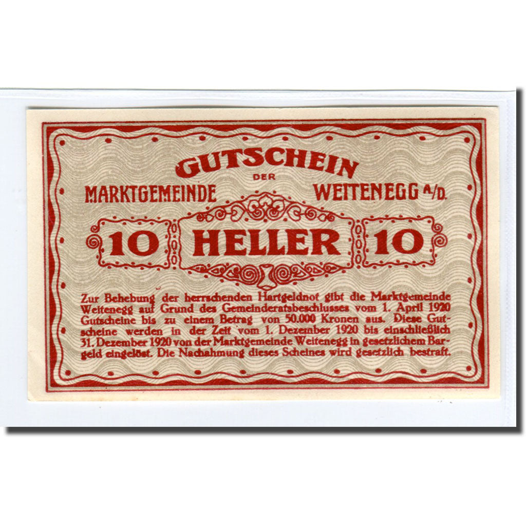 Banconote, Austria, Weitenegg A/D, 10 Heller, paysage, 1920, 1920-04-01, SPL