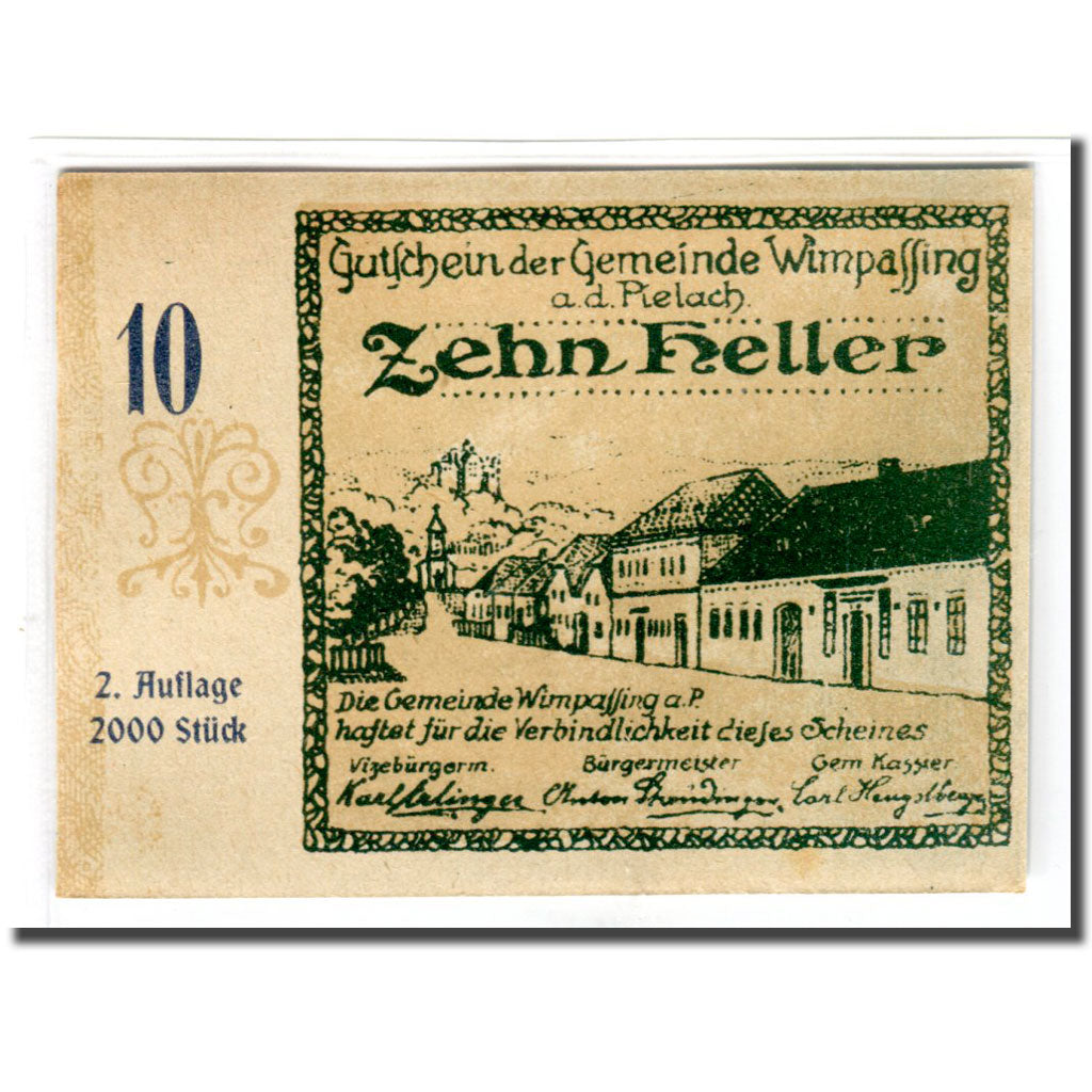 Billete, Austria, Wimpassing an der Pielach N.Ö. Gemeinde, 10 Heller, village