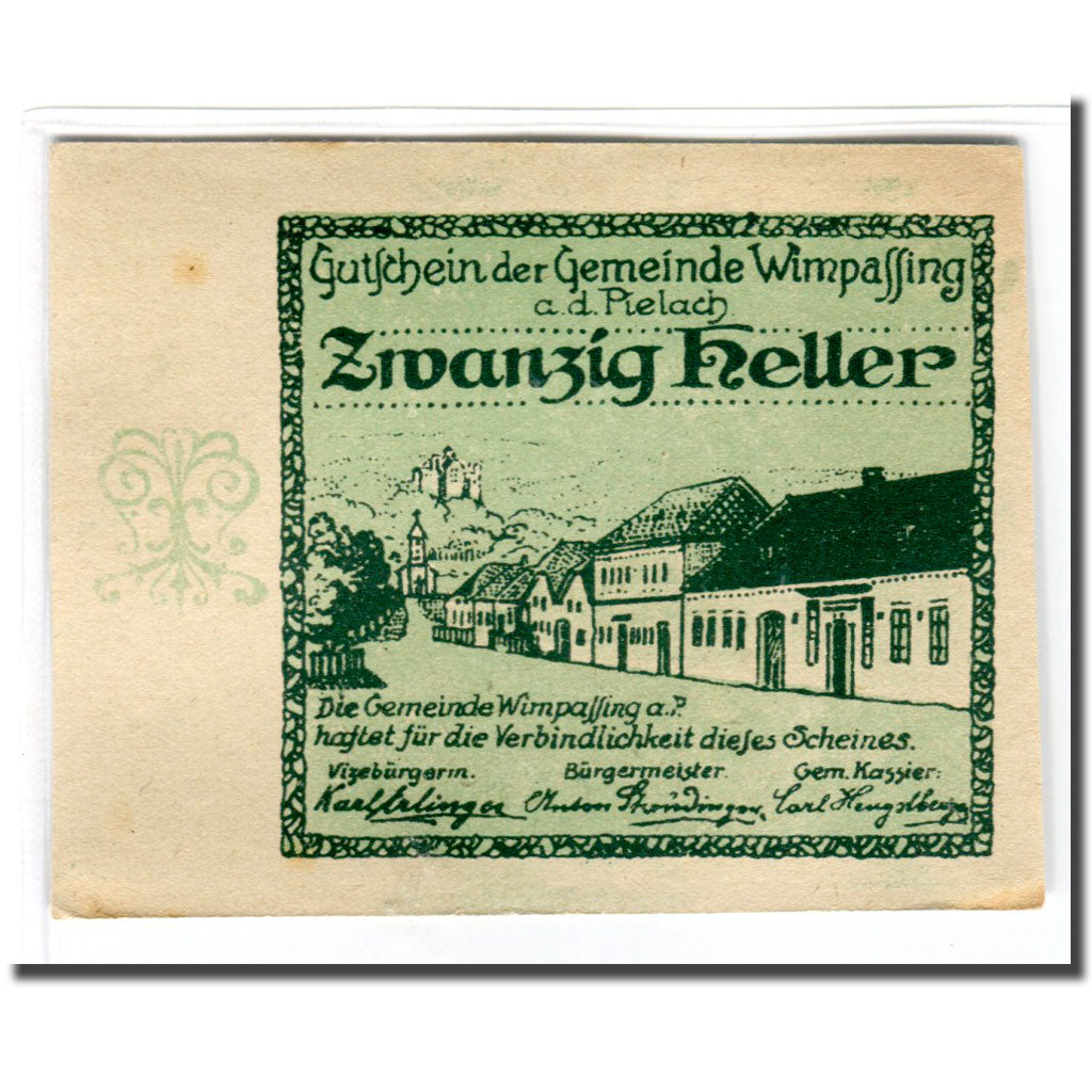 Banknote, Austria, Wimpassing an der Pielach N.Ö. Gemeinde, 20 Heller, village