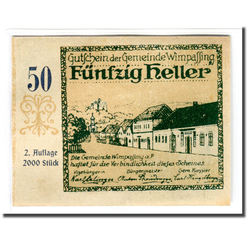 Banknote, Austria, Wimpassing an der Pielach N.Ö. Gemeinde, 50 Heller, village
