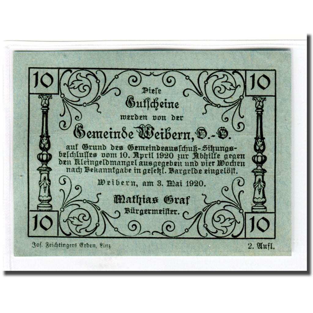 Billete, Austria, Weibern O.Ö. Gemeinde, 10 Heller, Texte, 1920, 1920-05-03
