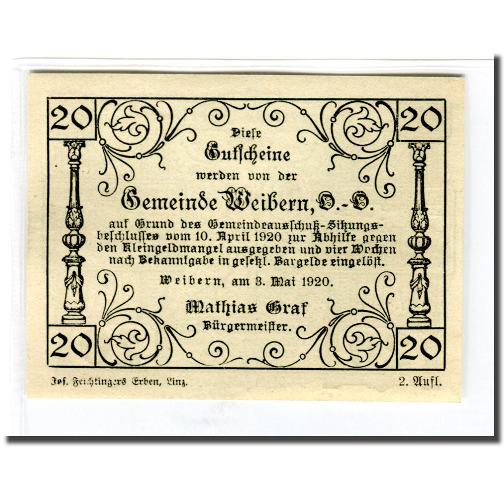 Billete, Austria, Weibern O.Ö. Gemeinde, 20 Heller, texte 1, 1920, 1920-05-03