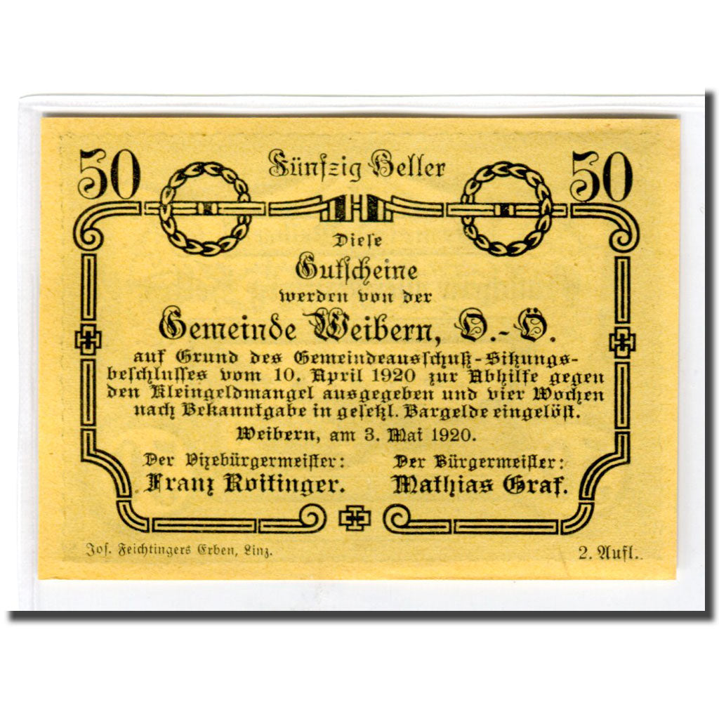 Billete, Austria, Weibern O.Ö. Gemeinde, 50 Heller, Texte 2, 1920, 1920-05-03