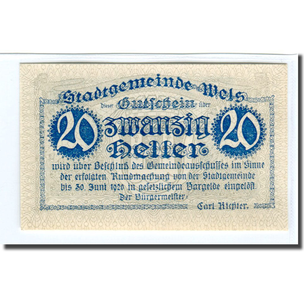 Banconote, Austria, Wels, 20 Heller, Batiment, 1920, SPL, Mehl:1167Ia