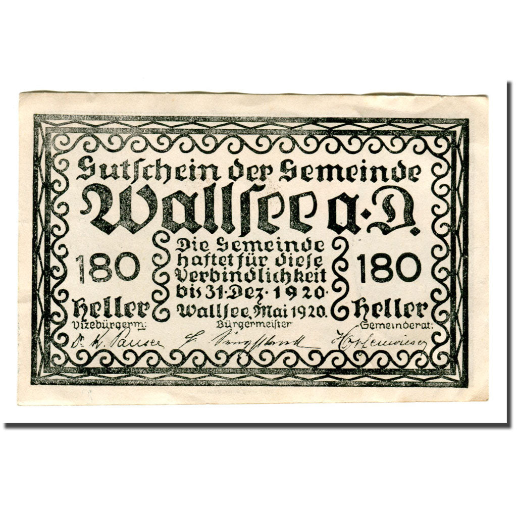 Billete, Austria, Wallsee, 180 Heller, paysage 1, 1920, SC, Mehl:1137II