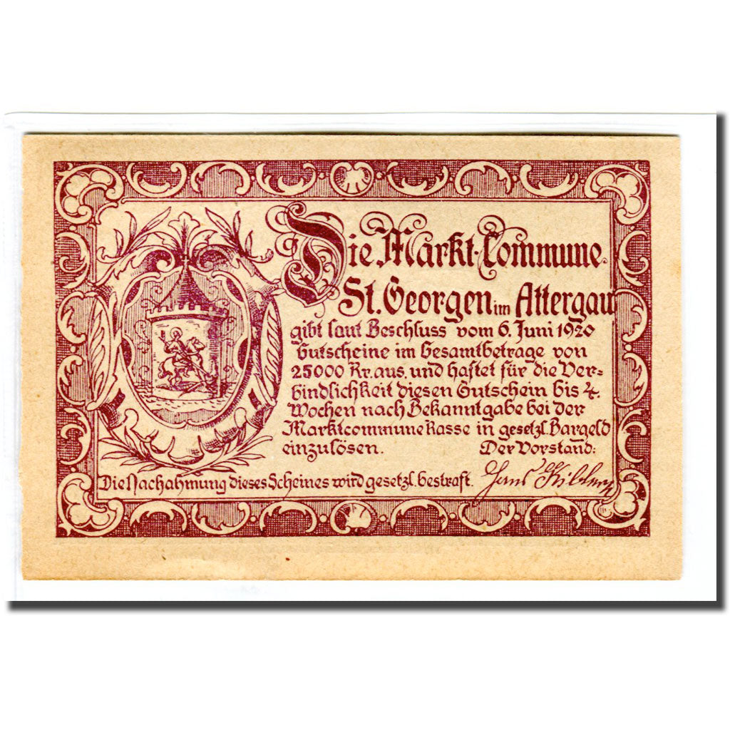 Billete, Austria, St Georgen im Attergau, 10 Heller, Blason, 1920, 1920-06-06