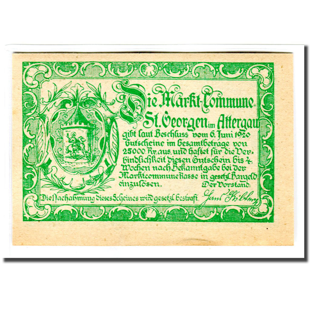 Billete, Austria, St Georgen im Attergau, 20 Heller, Blason 2, 1920, 1920-06-06