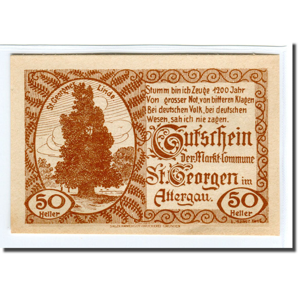 Billete, Austria, St Georgen im Attergau, 50 Heller, Blason 3, 1920, 1920-06-06