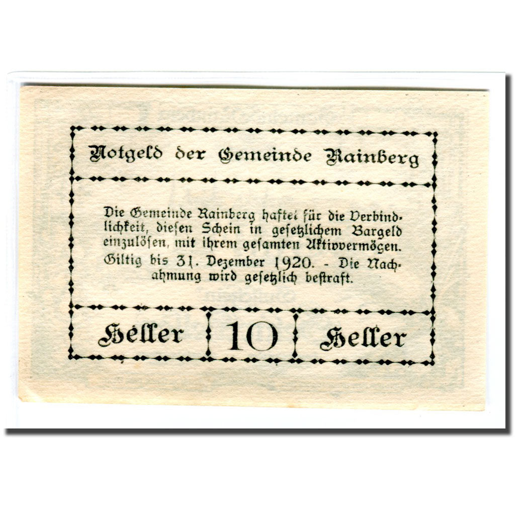 Billete, Austria, Rainberg N.Ö. Gemeinde, 10 Heller, Texte, 1920, SC, Mehl:815a