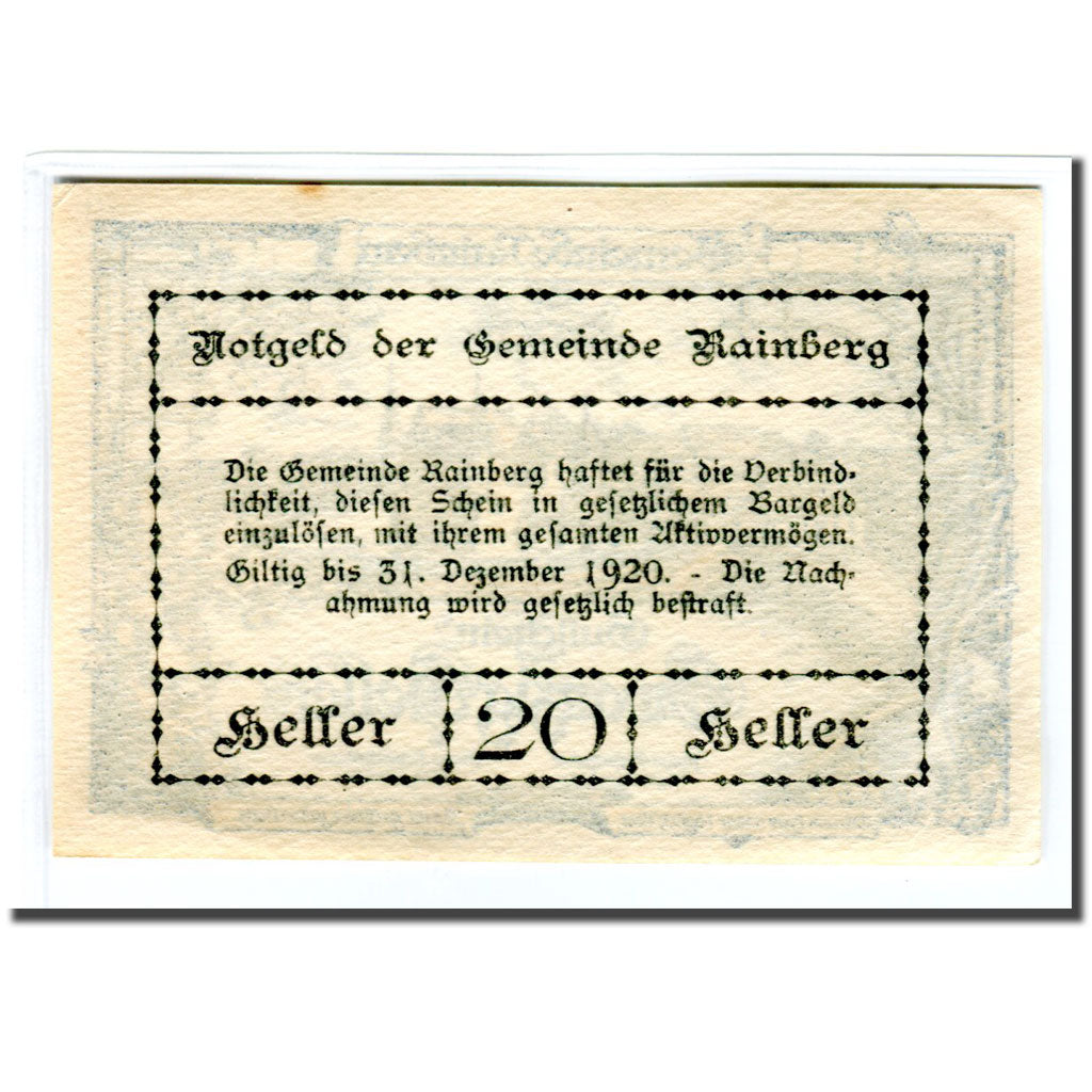 Billete, Austria, Rainberg N.Ö. Gemeinde, 20 Heller, texte 1, 1920, SC